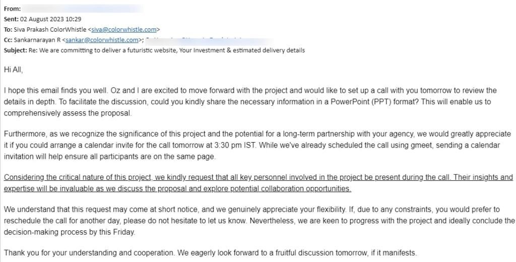 Complete Sales Cycle and Project Completion Analysis - Part 1 (Lead 2- email 1) - ColorWhistle