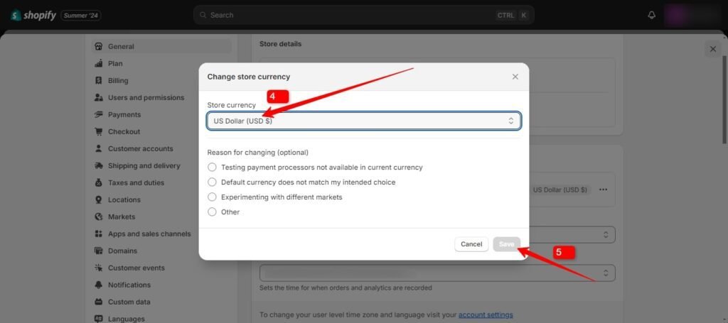 Shopify payment setup (Choose Currency) - ColorWhistle