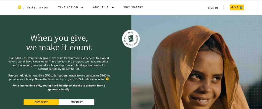 Website Types - Non-Profit Website design - Charity Water - Colorwhistle