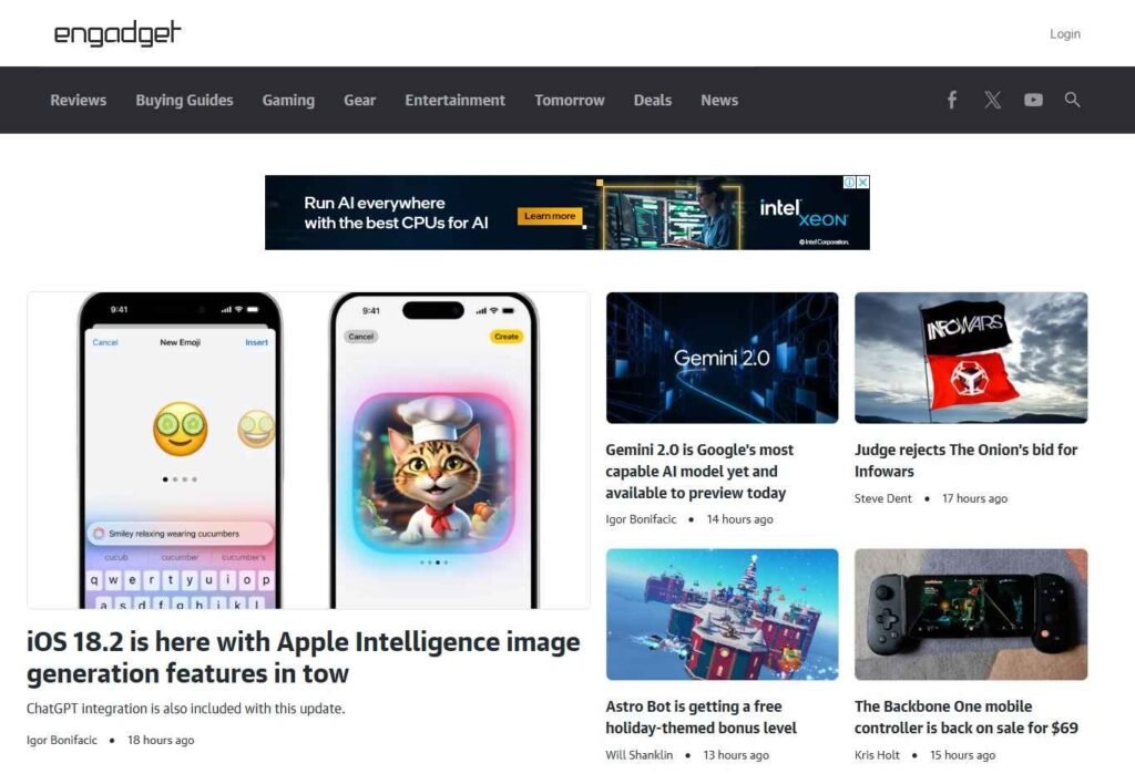 Website Types - Tech Gadget Review Website development - Engadget - Colorwhistle