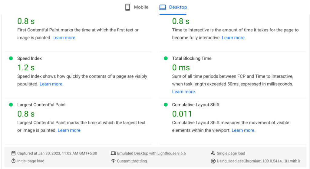 Core Web Vitals Desktop Score -ColorWhistle