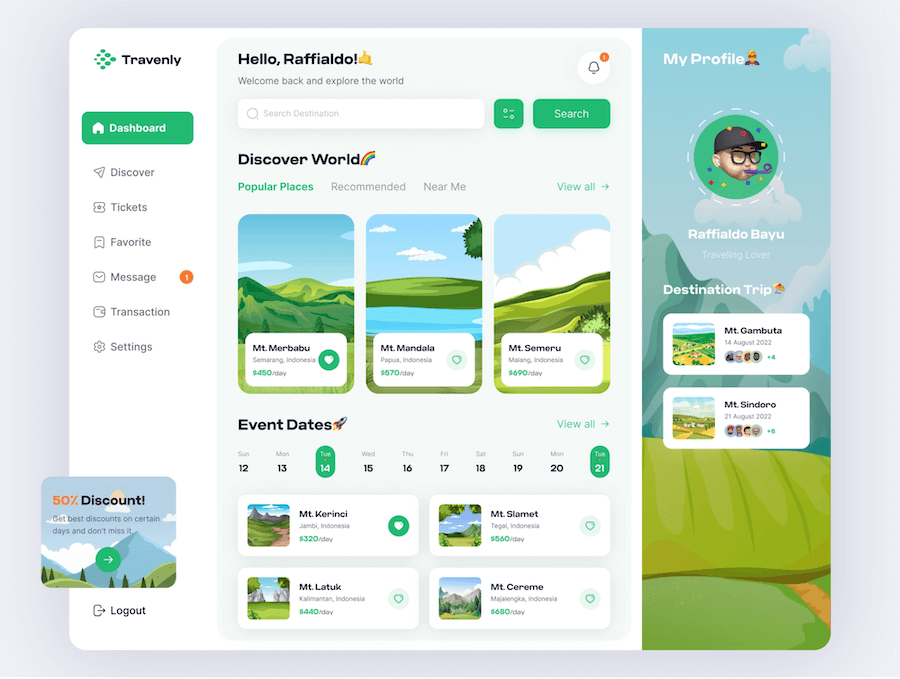 Creative Dashboard UI Design Examples (Travenly), Creative travel dashboard app design example - ColorWhistle