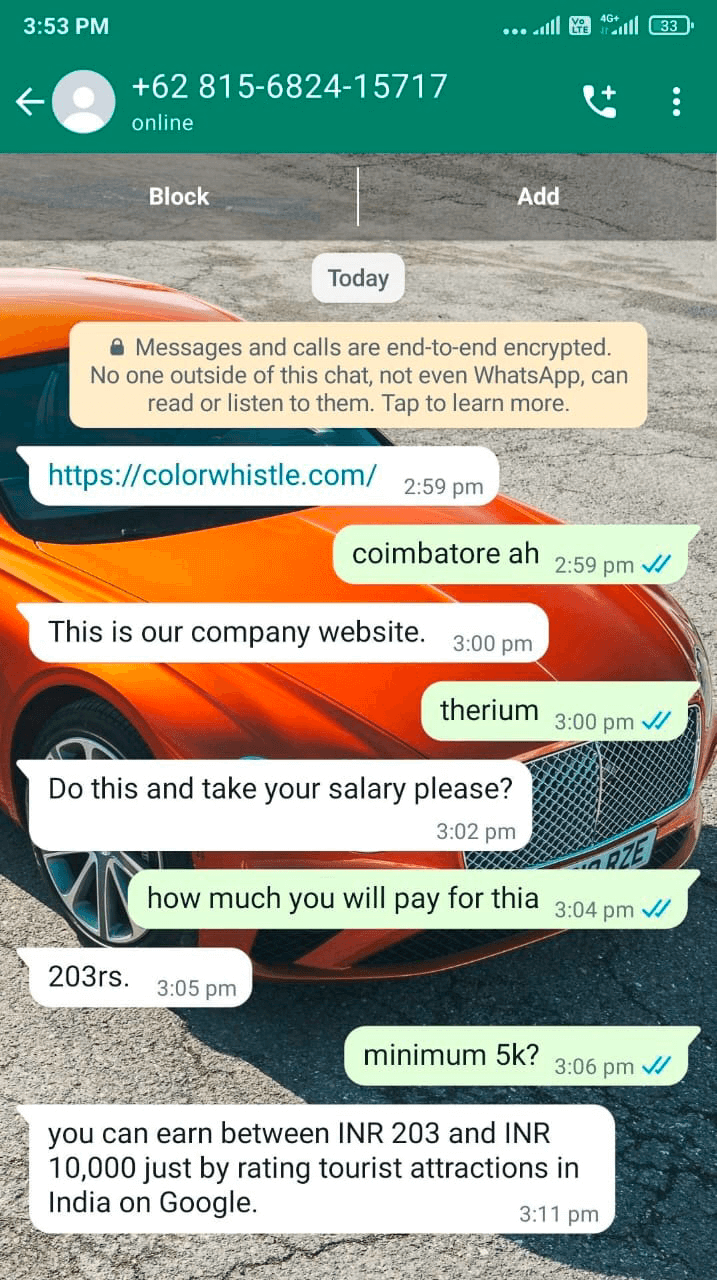 Scam - Fraud Circulation via WhatsApp for Marketing Services-victim screenshot1