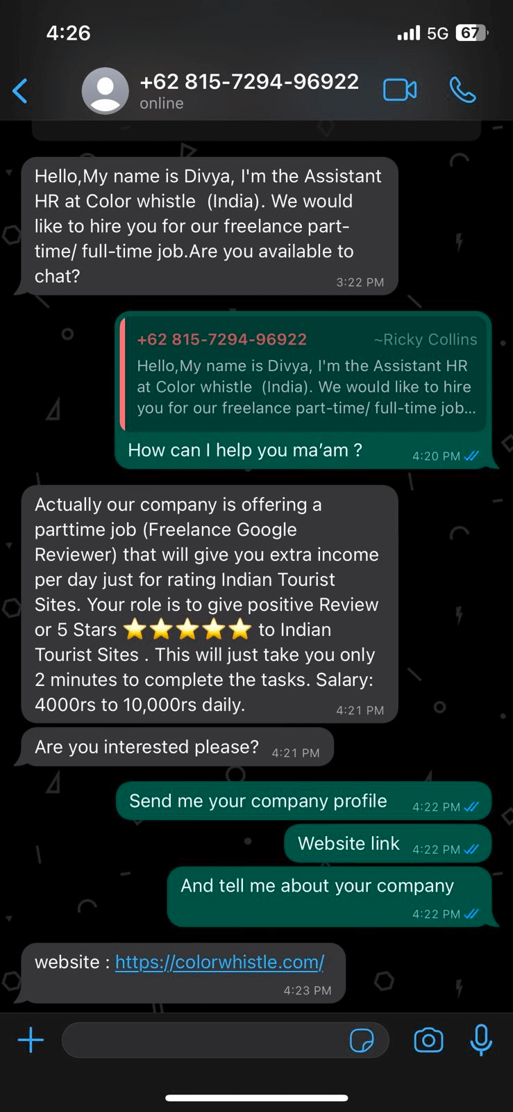 Scam - Fraud Circulation via WhatsApp for Marketing Services-victim screenshot16