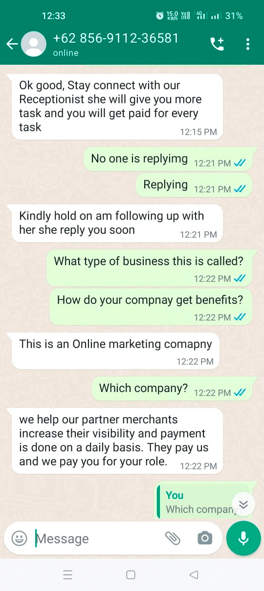 Scam - Fraud Circulation via WhatsApp for Marketing Services-victim screenshot8
