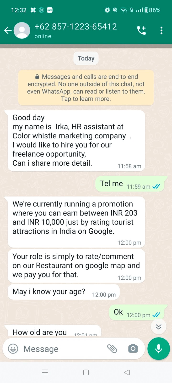 Scam - Fraud Circulation via WhatsApp for Marketing Services-victim screenshot9