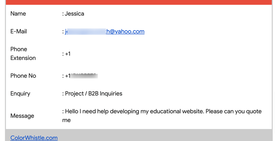 Educational website development vendor inquiry via ColorWhistle web form.